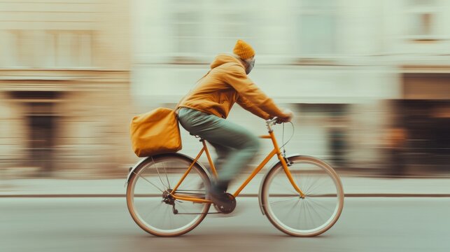 Dynamic Urban Cycling Aesthetic Eco-Friendly Bicycle Courier with Stylish Textiles Navigating City Streets - Sustainable Mobility and Modern Delivery Solutions