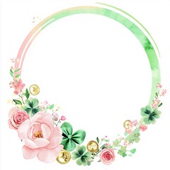 Whimsical Circular Floral Frame Design: Soft Pink Roses, Green Clovers, and Shimmering Gold Coins with a Rainbow and Playful Green Bowtie Isolated on White for Unique Decor