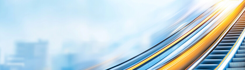 dynamic blur of motion against light blue backdrop showcases escalator, evoking sense of movement and modernity