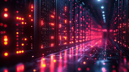 A futuristic data center with glowing cables and servers showcases advanced technology and connectivity. Vibrant colors create a dynamic atmosphere.