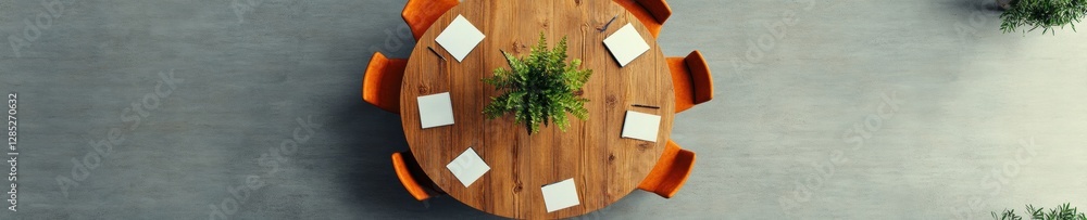 Poster contemporary teamwork hub modern round wooden table with notepads and devices - inclusive decision-m
