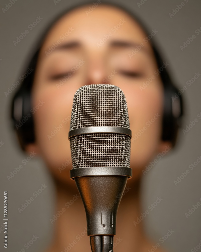 Aufkleber minimalist vocal recording session close-up dynamic microphone with studio headphones - professional