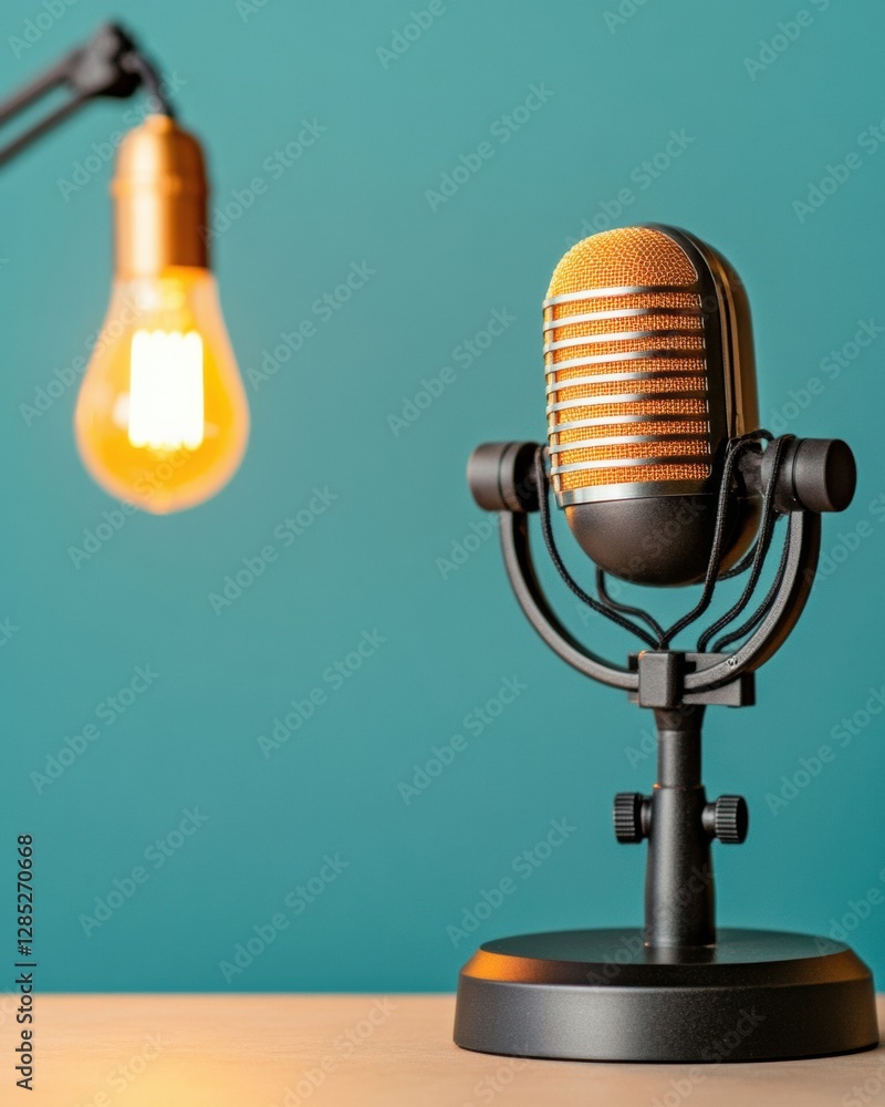 Aufkleber Retro-Chic Podcast Microphone with Warm Filament Bulb on Wooden Desk - Audio Content Creation in Modern Business and Artistic Recording Studios