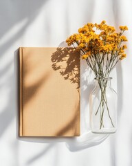 Minimalist Counseling Setup Linen Notebook with Glass Vase of Flowers on Sunlit Surface - Thoughtful Therapy Branding and Calming Mental Health Promotion