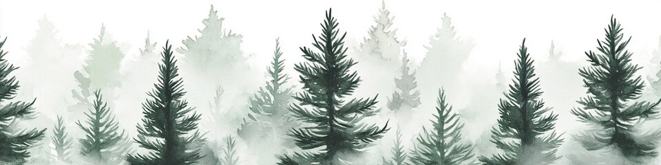 Obraz premium Elegant Hand-Painted Fir Trees Seamless Pattern in Misty Spruce Forest – Dreamy Watercolor Design for Modern and Nature-Inspired Creations on White Background
