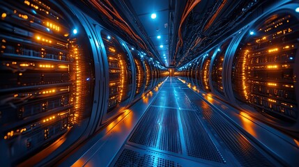 A futuristic data center with glowing servers and orange cables creates a vibrant atmosphere. Advanced technology showcases a modern approach to data management and connectivity.