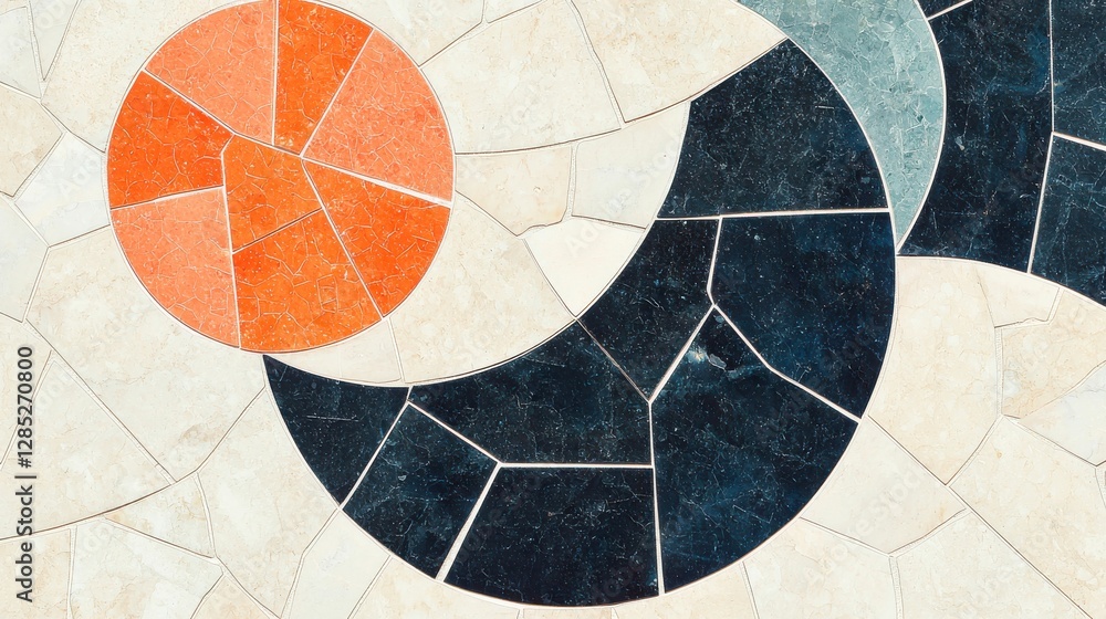 Poster abstract mosaic design featuring colorful circular patterns and intricate tile work in earthy tones 