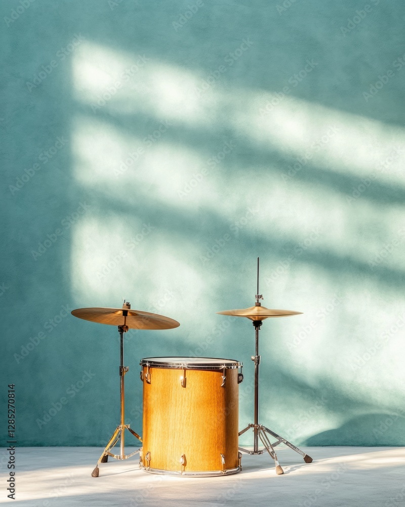 Poster minimalist drum set display in sunlit studio with textured mint walls - contemporary music art for c