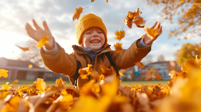 Boy playing in autumn leaves, suburban backyard
