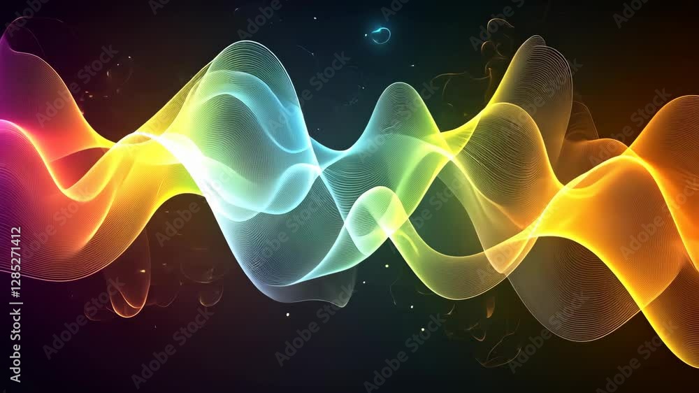 Poster vivid waves of color and light create a mesmerizing abstract design in a dark background