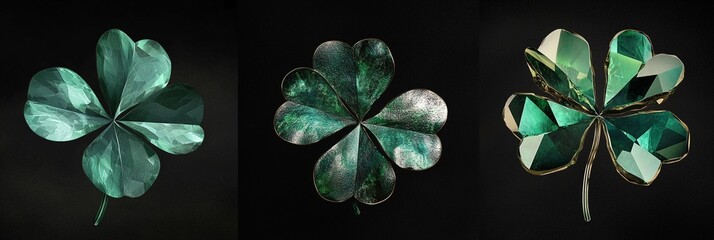 Captivating Close-Up of Three Unique Green Clover Illustrations: Hand-Drawn, Shimmering Emerald Crystals, and Futuristic 3D Render Against a Stunning Black Background