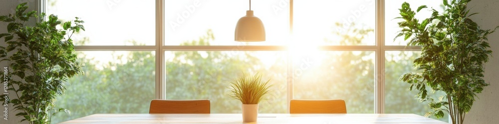 Canvas Prints Minimalist Office Meeting Decor Sunlit Wooden Table and Plants in Ergonomic Workspace - Inspiring Professional Atmosphere and Modern Biophilic Design for Sustainable Business Innovation