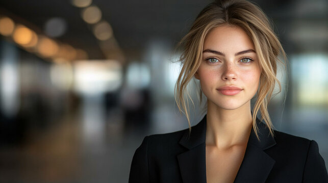 A confident female lawyer in a sleek uniform stands tall, embodying professionalism and elegance. The blurred professional background highlights her grace and modern approach