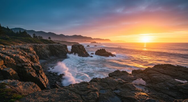 Dramatic Coastal Rock Formations with Ocean Waves at Golden Hour Sunset
