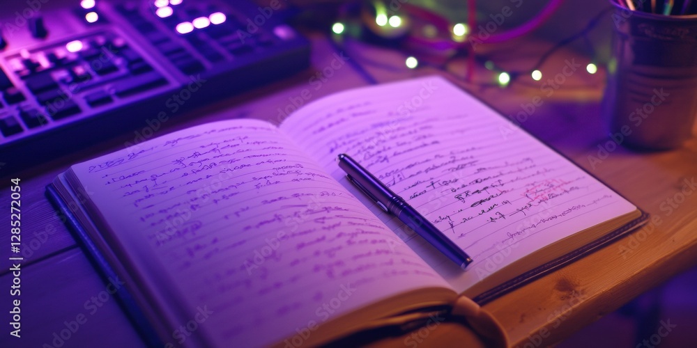 Aufkleber Chic Study Hub Handwritten Notes in Open Notebook with Pen on Wooden Desk - Aesthetic Productivity and Academic Ambience for Modern Learning Spaces