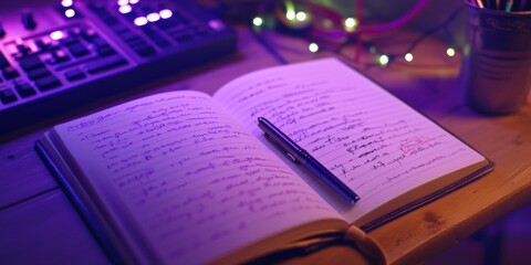 Chic Study Hub Handwritten Notes in Open Notebook with Pen on Wooden Desk - Aesthetic Productivity and Academic Ambience for Modern Learning Spaces