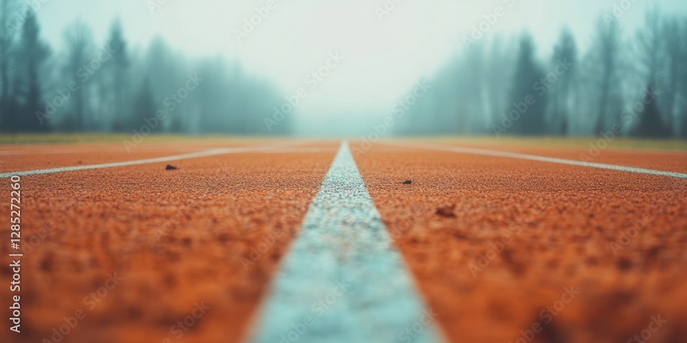 Poster foggy athletic track perspective textured running surface in stadium environment - high-performance 