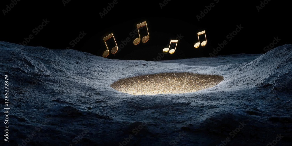 Poster magical musical landscape with floating notes above a glowing circular pool on a mysterious terrain 