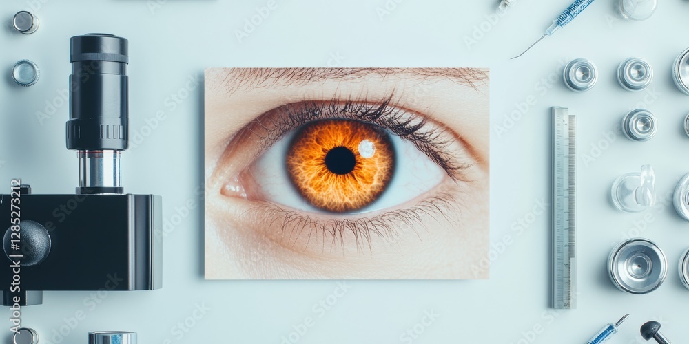 Poster Streamlined Clinical Setup Precision Diagnostic Instruments and Human Eye Analysis Print on Minimalist Surface - Modern Healthcare Visuals and Medical Branding
