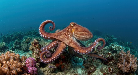 Obraz premium Giant Octopus Resting on Colorful Coral Reef in the Deep Ocean