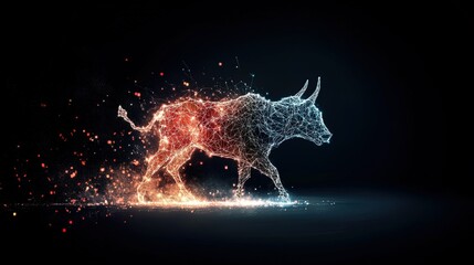 Energized Bull Statue with Digital Patterns, representing a thriving stock market and financial optimism, vibrant colors and dynamic design