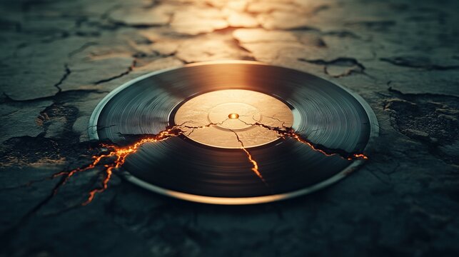 Ethereal Glow of a Fractured Vinyl Record, vintage charm illuminated by radiant light, a fusion of nostalgia and modernity