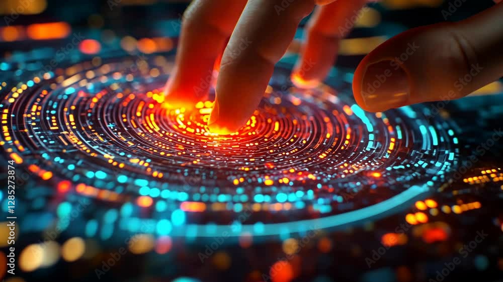 Aufkleber digital interaction with glowing data circles at night in a futuristic setting showcasing advanced t