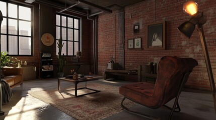 Stunning Loft-Style Living Room Design with Exposed Mocha Mousse Brick Walls and Polished Concrete Floors for a Cinematic Vibe, Perfect for Modern Home Decor Inspiration