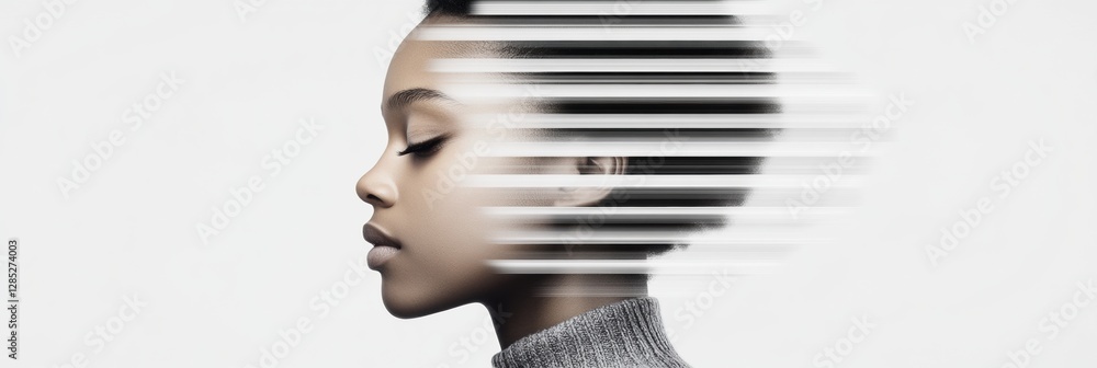 Aufkleber contemporary digital portrait ethereal female profile with abstract motion lines on neutral canvas -