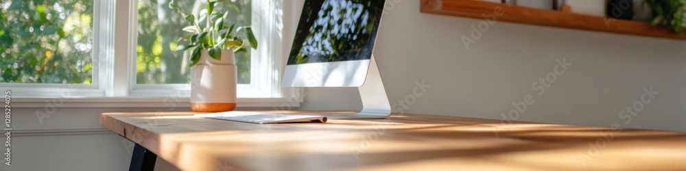 Poster sunlit home office workspace minimalist wooden desk with ceramic planter and imac - optimizing produ