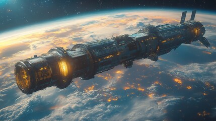 Naklejka premium A futuristic space station orbiting Earth showcases advanced technology and design.
