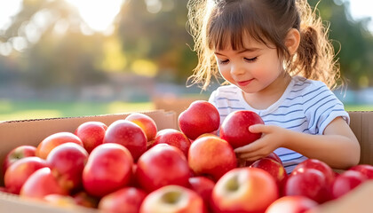 Child playing with apples in a box outdoors