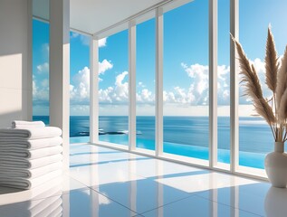 Fototapeta premium Luxurious spa-like interior with an ocean view, featuring white towels and decorative plants, creating a tranquil and minimalist atmosphere of relaxation, wellness, and serenity