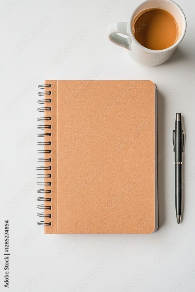 Poster modern minimalist workspace spiral notebook with daily planner on wooden desk - enhancing office pro