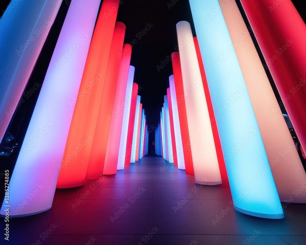 Aufkleber neon architectural installation led-covered columns with vibrant hue shifts in urban nightlife - dyn