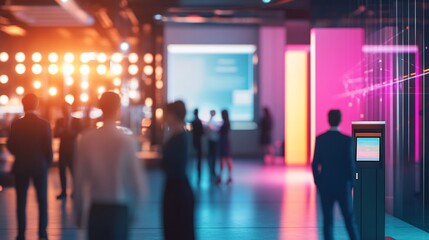 Futuristic Tech Conference Reception Space: Modern Design and Touchscreen Check-In Kiosks in Open Concept Area with Blurred Business Professionals Networking