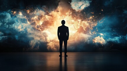 CEO silhouette against a glowing screen showcasing global markets, symbolizing business growth and world leadership insights