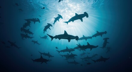 Naklejka premium Hammerhead Sharks Swimming Together Undersea with Sunlight Beaming Through Water