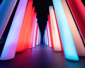 Neon Architectural Installation LED-Covered Columns with Vibrant Hue Shifts in Urban Nightlife - Dynamic Venue Lighting and Interactive Art Display for Modern Entertainment Spaces