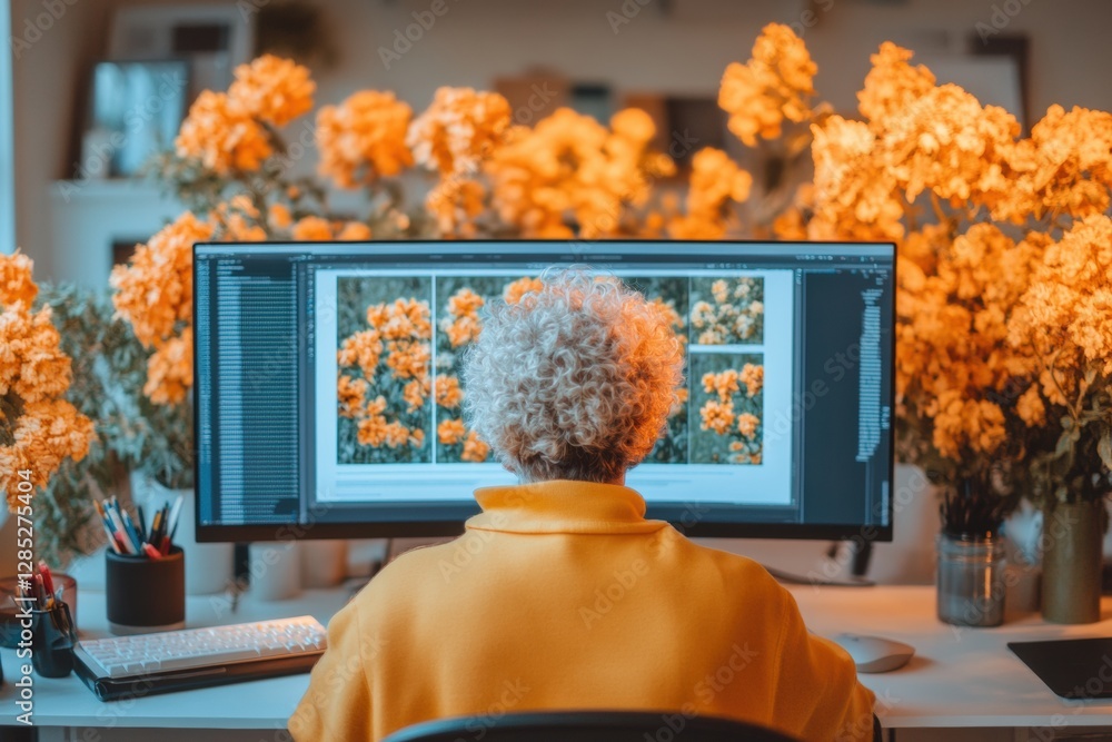 Aufkleber contemporary floral home office high-resolution dual monitor setup with autumnal aesthetic for creat