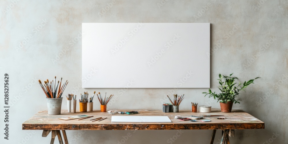 Poster industrial art studio aesthetic raw wooden table with watercolor tools and ceramic holders - creativ