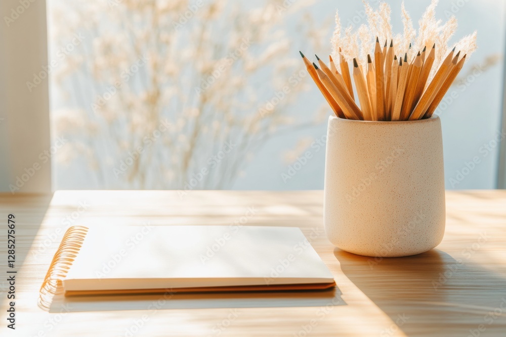 Poster warm minimalist workspace rustic wooden desk with ceramic pencil holder and notepad - ideal for remo