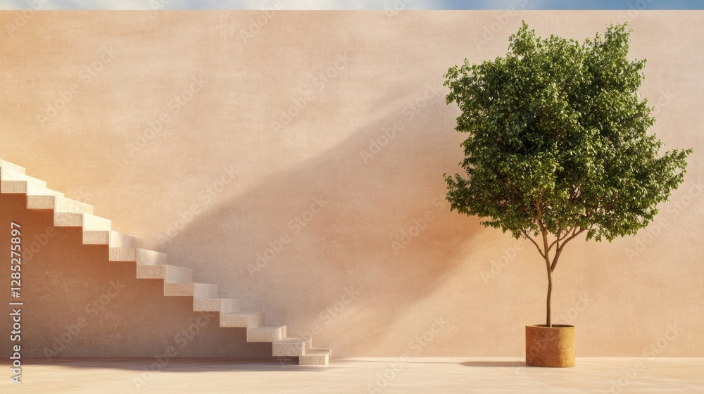 Poster minimalist floating staircase in sun-drenched open space with artisan concrete wall and potted tree 