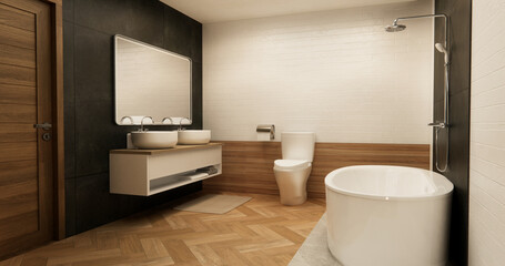 black and white brick scene bathroom with shower and Toilet and decoration on modern toilet room style .3D rendering