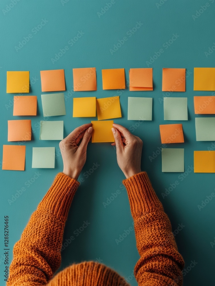 Poster Dynamic Office Brainstorming Hands Organizing Colorful Sticky Notes on Teal Board for Creative Strategy Design - Modern Business Collaboration and Workspace Efficiency