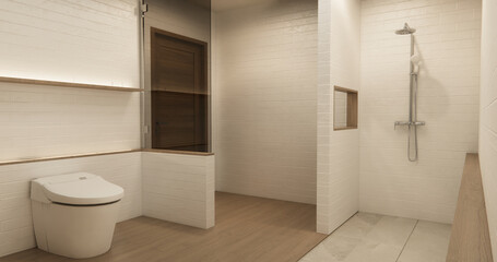 White Toilet and decoartion on modern zen toilet room japan style .3D rendering