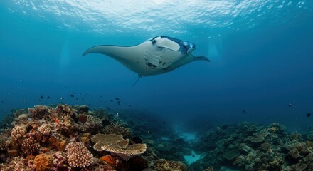 Manta Ray Gliding Gracefully Underwater Near Coral Reef Ecosystem