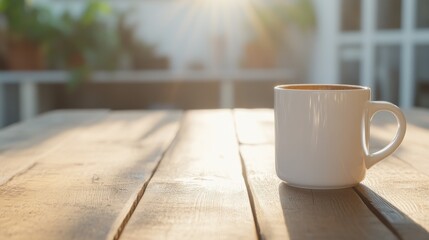 Sunny outdoor coffee break on wooden patio