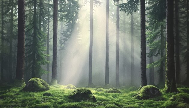 Sunlight streams through misty forest floor