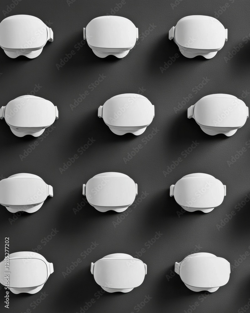 Aufkleber monochrome vr headset array minimalist white on black display for futuristic tech showrooms - enhanc